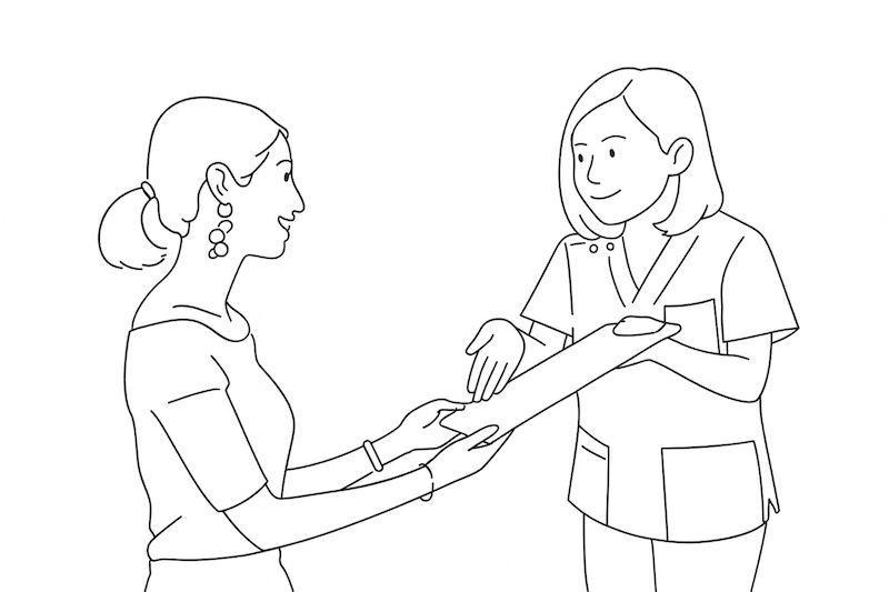 鍼灸師が問診票を手渡すイラスト